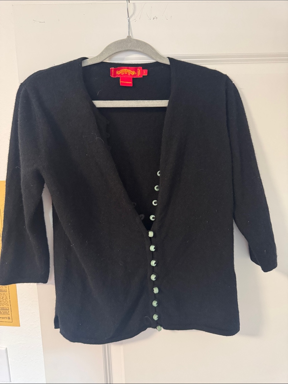 Shanghai Tang Black Women's Button-Front Cardigan with Green Buttons